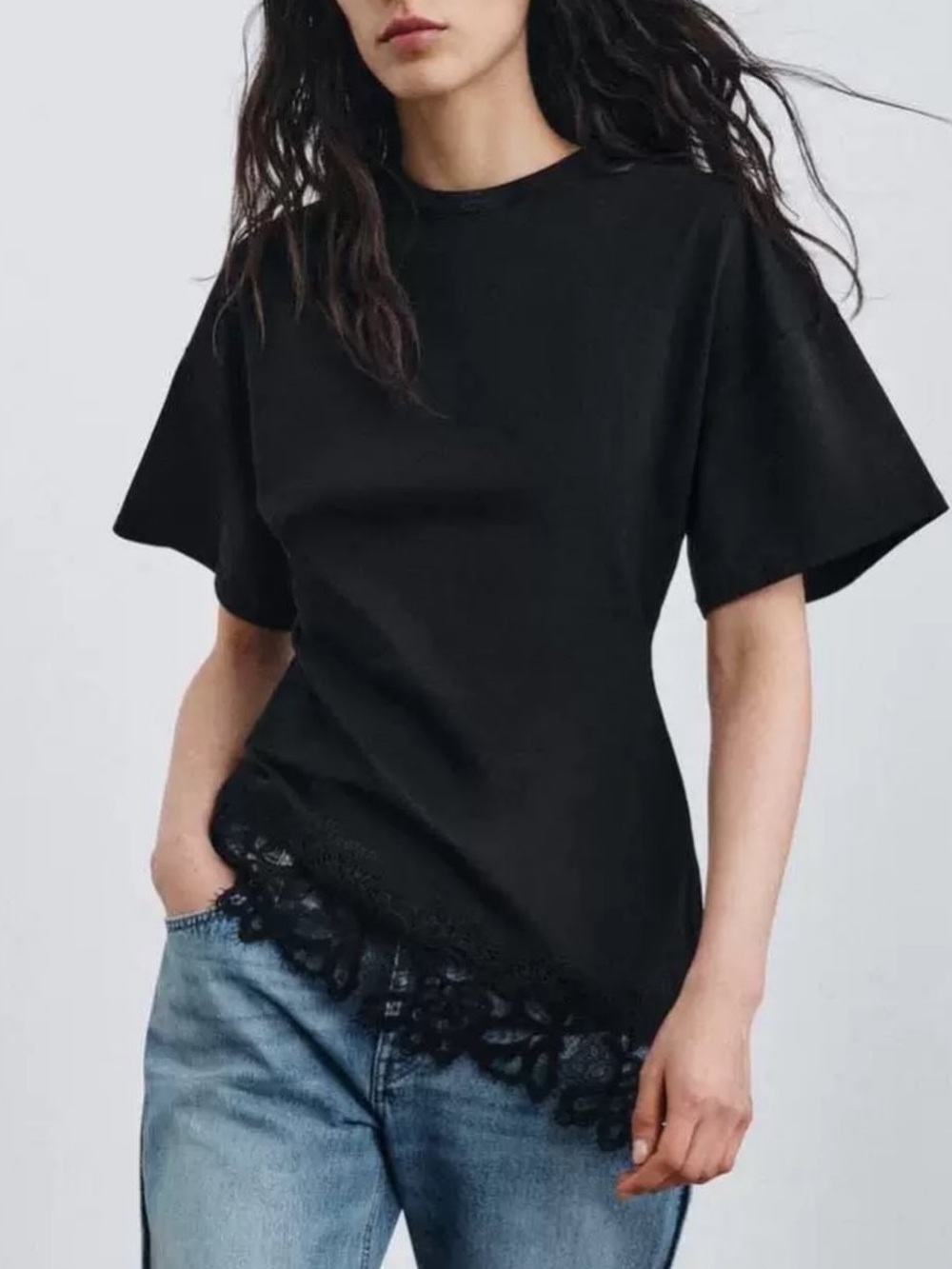 Zara Black Crewneck Short-Sleeve Top with Lace Hem